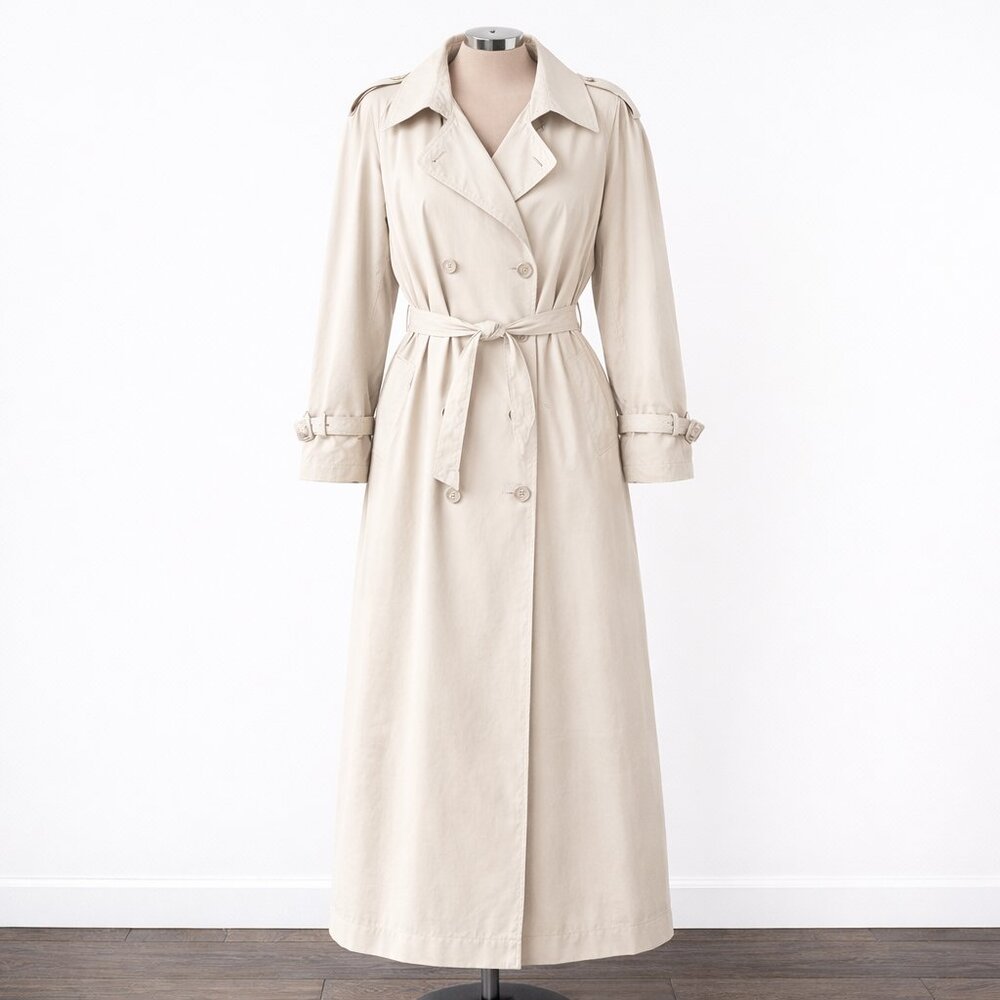 EUROMODE Woman's Vintage Classic Trench Coat Long Belted Cream Ivory Sz.42